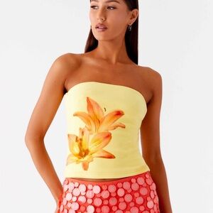 Peppermayo Yellow Strapless Top with Orange Floral Design
